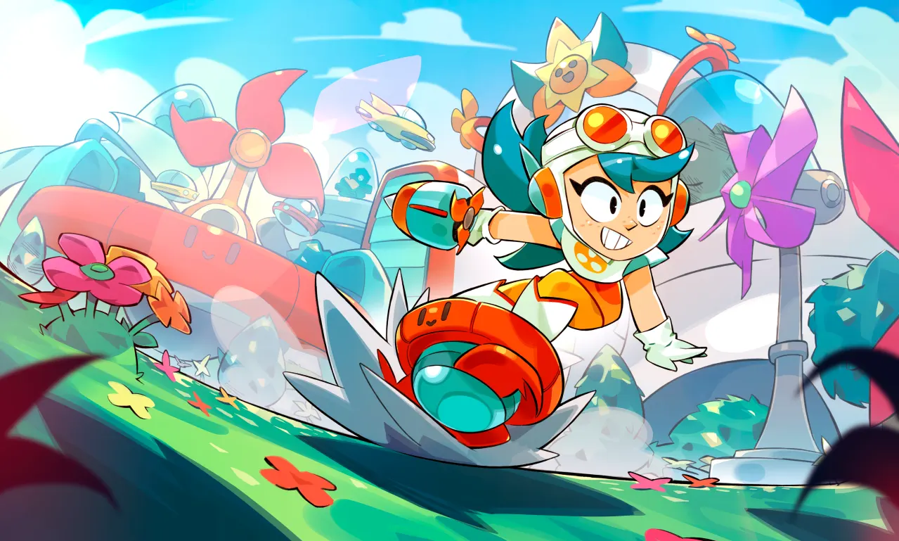 Wendy riding a wind-powered wheel through a colorful flower-filled landscape